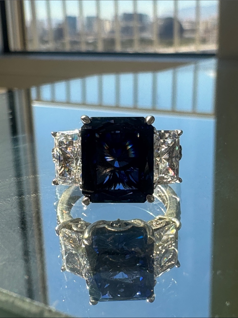 Jean Dousset Vintage Sterling Silver Saphire Radiant CZ Statement Ring
